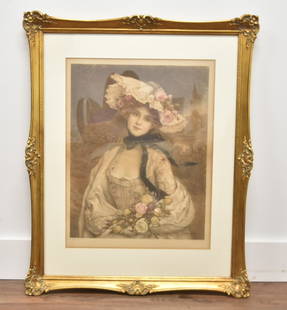 WA COX "QUEEN OF THE ROSES: COLOR LITHOGRAPH: AFTER FRANCOIS MARTIN KAVEL (FRANCE, 1861-1931) ENGRAVED BY WA COX "QUEEN OF THE ROSES" COLOR LITHOGRAPH , DEPICTING YOUNG LADY HOLDING BASKET OF ROSES - IMAGE SIZE IS 18" x 23 1/2" ; OVERALL FRAMED I