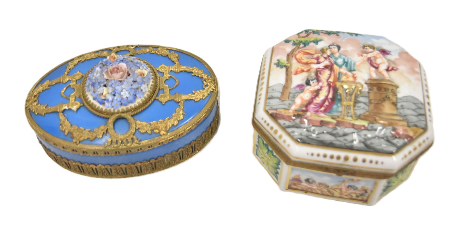 FRENCH CAPODIMONTE BOX / GERMAN BOX: ANTIQUE FRENCH CAPODIMONTE DRESSER BOX WITH RAISED FIGURES - 5 1/2" x 5 1/2" x 3" / GERMAN PORCELAIN BOX WITH FLORAL ENCRUSTED FINIAL & GILT METAL MOUNTS - 6 1/2" x 4 1/2" x 3" (HAS CHIP OFF INTERIOR