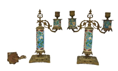 PAIR LONGWY PORCELAIN & BRONZE CANDLESTICKS