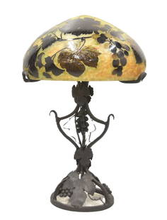 FINE REPLICA GALLE CAMEO ART GLASS TABLE LAMP: FINE GALLE REPLICA CAMEO ART GLASS SHADE TABLE LAMP WITH PATINATED ART DECO STYLE IRON BASE - 12" x 20" OVERALL