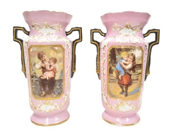 LARGE PAIR TWIN HANDLE OIL PARIS VASES