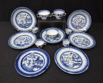CHINESE EXPORT CANTON BLUE PLATES & CUPS