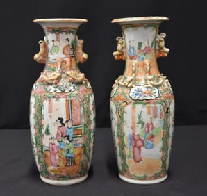 PAIR ANTIQUE ROSE MEDALLION VASES