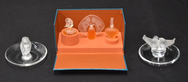 LALIQUE CRYSTAL PERFUMES & (2) LALIQUE RING TRAYS