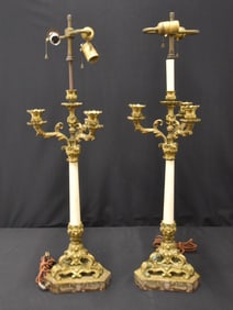 PAIR BRONZE & MARBLE COLUMN CANDELABRA LAMPS