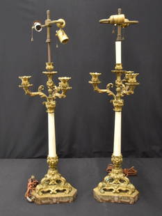 PAIR BRONZE & MARBLE COLUMN CANDELABRA LAMPS: (Pr) FRENCH STYLE BRONZE & MARBLE COLUMN CANDELABRA LAMPS - 9" x 8" x 33" (MISSING ONE CUP & BOBECHE)