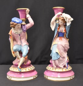 PAIR ANTIQUE OILY BISQUE FIGURAL CANDLESTICKS