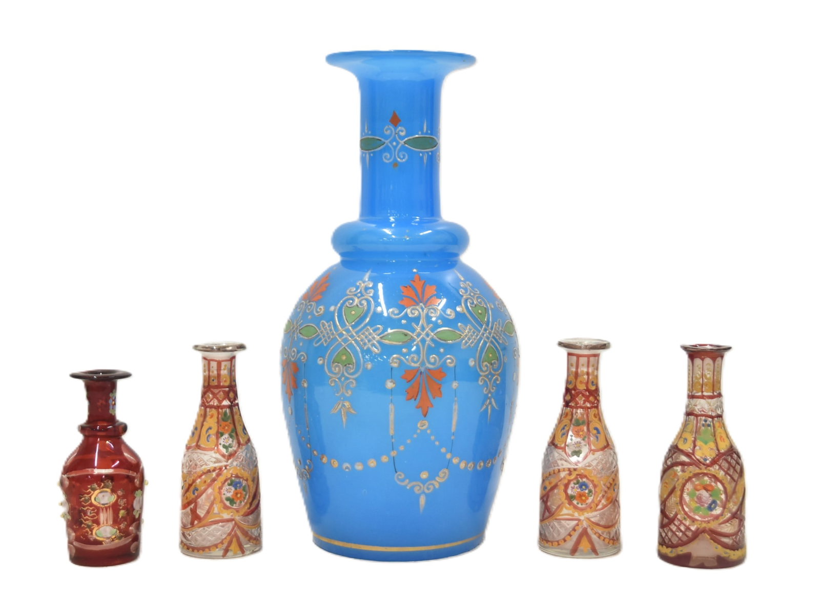 (5) BOHEMIAN GLASS BOTTLES: BOHEMIAN ENAMELED BLUE OPALINE GLASS DECANTER WITH PORTRAIT OF SHAH NASER AL DIN ; QAJAR SHAH ; MADE FOR PERSIAN MARKET - 4 1/2" x 12" (NO STOPPER) / (4) MINIATURE BOHEMIAN GLASS BOTTLES - 4 3/4" (NO