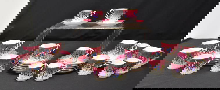 (35)pc RUSSIAN GARDNER PORCELAIN CUPS & SAUCERS: (3) SIZES OF RUSSIAN GARDNER PORCELAIN DEMITASSE CUPS & SAUCERS WITH ENAMELED FLOWERS - (18) SAUCERS & (17) CUPS TOTAL - LARGEST IS 4 1/2" x 3" (ONE SET MISSING CUP)