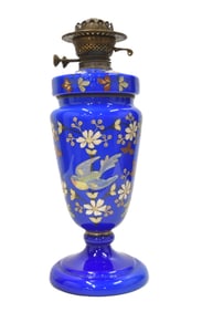ANTIQUE ENEMALED COBALT GLASS OIL LAMP