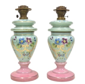 ANTIQUE LIGHT GREEN & PINK OPALINE OIL LAMP