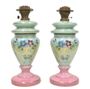 ANTIQUE LIGHT GREEN & PINK OPALINE OIL LAMP: ANTIQUE GREEN & PINK OPALINE OIL LAMP WITH ENAMELED FLOWERS - 6" x 15" (NO SHADES)