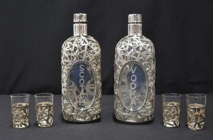 PAIR STERLING OVERLAY DECANTERS & CUPS