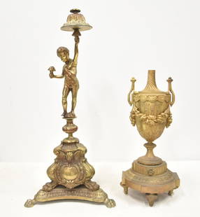 (2) BRONZE TABLE BASES: ANTIQUE FRENCH BRONZE URN FORM SIDE TABLE BASE - 8" x 8" x 18" ; LARGE BRONZE FIGURAL SIDE TABLE BASE - 11" x 25" (BOTH NEED GLASS TOP)