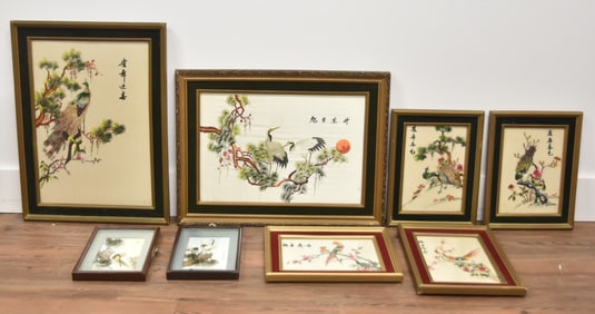 (6) ASIAN EMBROIDERY WALL HANGINGS & (2) FEATHER