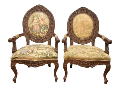 (Pr) HEAVILY CARVED WALNUT TAPESTY ARM CHAIRS