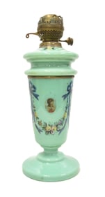 ANTIQUE GREEN OPALINE GLASS OIL LAMP