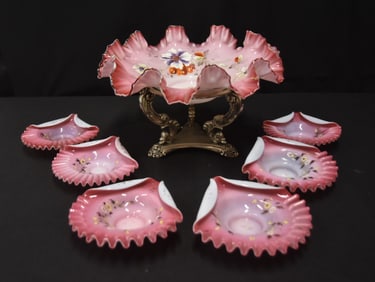 RUFFLED CASED GLASS BRIDES BASKET & DISHES