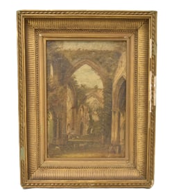 19thC OIL ON CANVAS CATHEDRAL COURTYARD