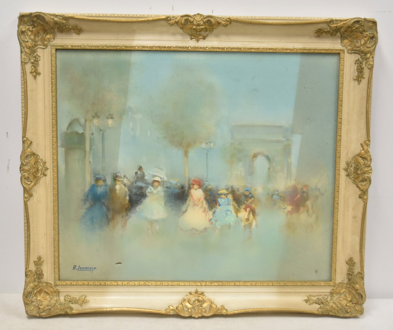 ARMAND LOURENCO , OIL ON CANVAS PARIS STREET SCENE: ARMAND LOURENCO (1925-2004) OIL ON CANVAS CHAMPS ELYSEES PARISIAN STREET SCENE , SIGNED A LOURENCO , LOWER LEFT - 24" x 20" ; OVERALL FRAMED 29" x 25" (SMALL HOLE & WEAR LINES)