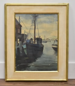 ARTHUR MERRILL , WATERCOLOR BOATS IN HARBOR