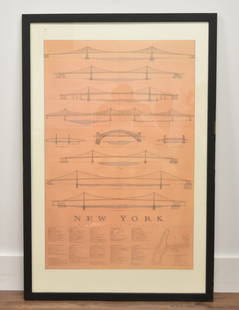 CRAIG HOLMES EAST RIVER BRIDGES PRINT: CRIAG HOLMES EAST RIVER BRIDGES NEW YORK ARCHITECTURAL PRINT - 28" x 42" OVERALL FRAMED