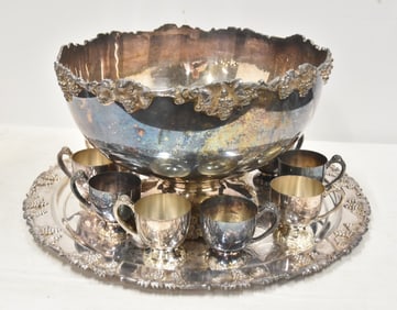 LARGE CRESCENT SILVER PLATE PUNCH BOWL SET