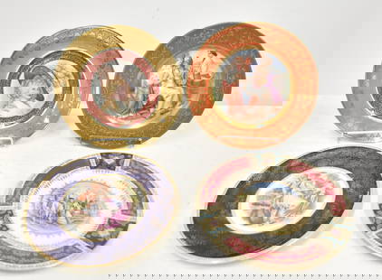 (4) PORCELAIN PLATES: CARSLBAD PORCELAIN FIGURAL MEDALLION PLATE / SCHUMANN PORCELAIN PLATE WITH (3) MUSES / FRENCH PORTRAIT PLATE / STOKE ON TRENT PLATE WITH FIGURAL MEDALLION - LARGEST IS 11" D