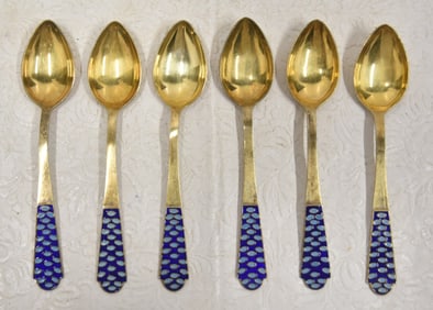 (6) SOVIET 916 RUSSIAN SILVER & ENAMEL SPOONS