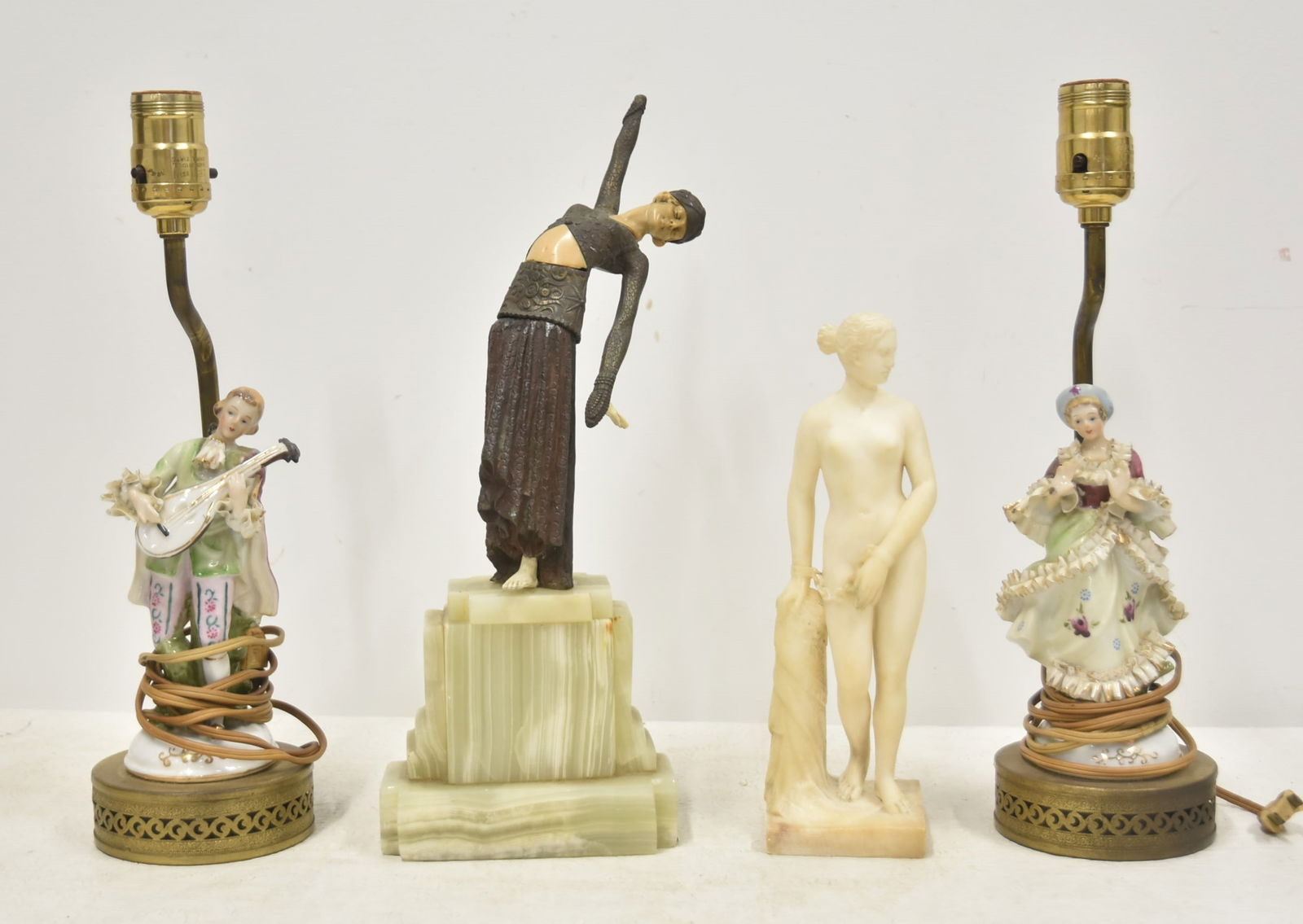 (4)pc LOT CONSISTING OF: (Pr) JAPAN PORCELAIN FIGURAL BOY & GIRL LAMPS / ART DECO FLAPPER DANCER FIGURE ON ONYX BASE (MISSING HAND) / ALABASTER SCULPTURE OF FEMALE NUDE (HEAD GLUED) - LARGEST PIECE IS 6" x 14"