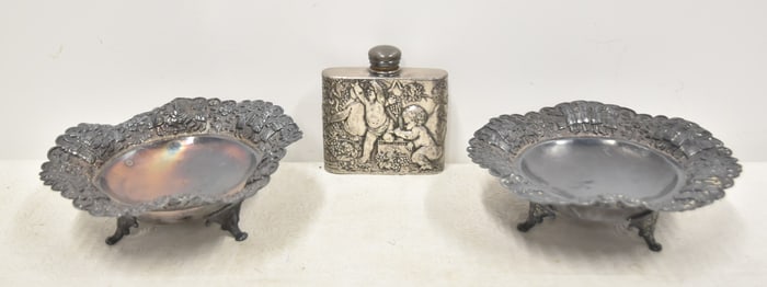 (Pr) SILVER PLATE BOWLS & CHERUB FLASK