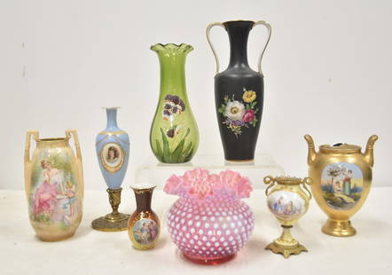 ASSORTED GERMAN & AUSTRIAN VASES: SEVRES STYLE VASE , (2) GERMAN PORCELAIN VASES , KPM PORCELAIN FLORAL VASE , PORTRAIT VASE , HAND PAINTED VICTORIAN GLASS VASE WITH FLOWERS / FENTON HOBNAIL VASE - LARGEST IS 5" x 9"