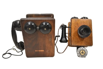 (2) ANTIQUE OAK TELEPHONES