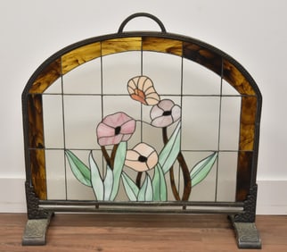 FLORAL LEADED GLASS FIREPLACE SCREEN