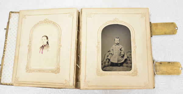 ANTIQUE 19th CENTURY LEATHER CASE PHOTO ALBUM: ANTIQUE 19th CENTURY LEATHER CASE PHOTO ALBUM WITH (41) CABINET CARD PHOTOGRAPHS , FEW TIN TYPE PHOTOGRAPHS OF CHILDREN , FAMILY & SOLDIER - 5" x 2 1/2" x 6" (BINDING LOOSE)