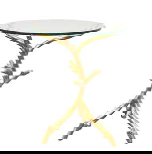 MODERN GILDED METAL TREE BRANCH SIDE TABLE: MODERN GILDED METAL TREE BRANCH FORM SIDE TABLE WITH GLASS TOP - - 22" x 26"