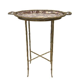BRONZE & PORCELAIN TRAY TOP TABLE: VINTAGE CASTILIAN PORCELAIN TRAY TABLE TABLE WITH BAMBOO LEGS & BRONZE GRAPE BUNCHES - - 25" x 15" x 27"
