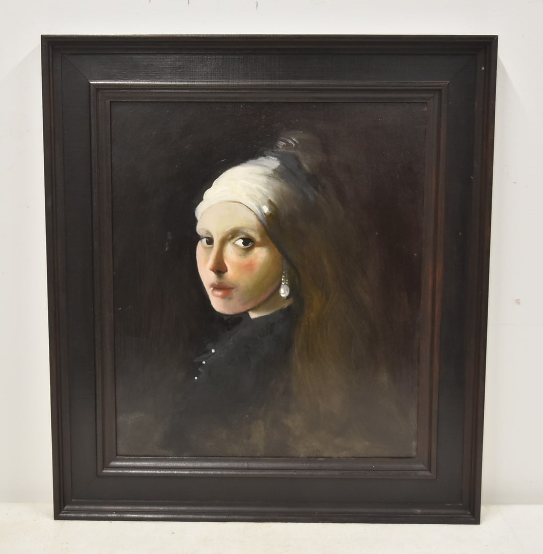 VINCENT CAPRARO , OIL ON BOARD GIRL WITH EARRING: VINCENT CAPRARO (ITALIAN/ AMERICAN) AFTER JOHANNES VERMEER OIL ON BOARD PORTRAIT OF GIRL WITH PEARL EARRING , SIGNED CAPRARO , LOWER LEFT PAINTINGS IS 15" x 18" ; OVERALL FRAMED 21" x 24"