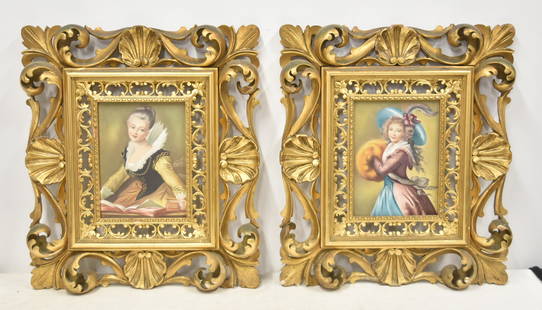 (Pr) FRAMED ITALIAN PORCELAIN PLAQUES: PAIR ITALIAN PORCELAIN , MADE IN ITALY ' FOR CAPITOL ; HAND PAINTED PORCELAIN FEMALE PORTRAITS ; AFTER LEBRUN & FRAGONARD ; SET IN PIERCED ITALIAN GILTWOOD FRAMES WITH SHELLS - PLAQUES ARE 7" x 9" ; O