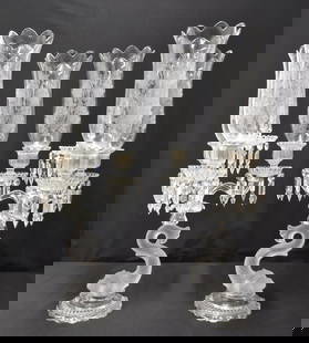 PAIR BACCARAT CRYSTAL DOLPHIN CANDELABRAS: (Pr) LARGE BACCARAT CRYSTAL DOLPHIN - SERPENT (3) ARM CANDELABRAS WITH ETCHED BACCARAT HURRICANE SHADES WITH CENTRAL SPIKES - SHADES & BASE SIGNED BACCARAT ; FRANCE - 11 1/2" x 11 1/2" x 24" OVERALL E