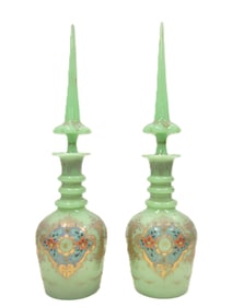PAIR BOHEMIAN ENAMELED OPALINE GLASS DECANTERS