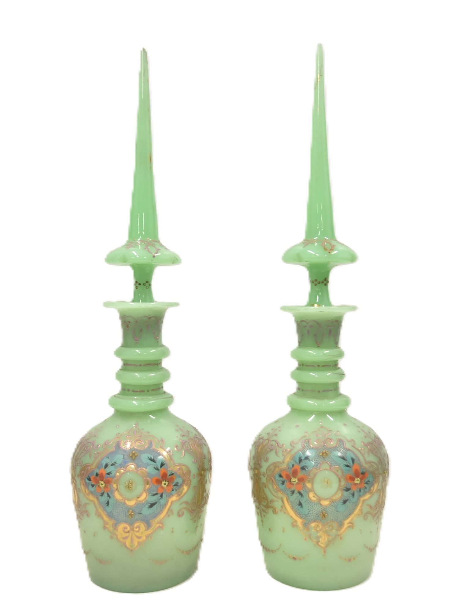 PAIR BOHEMIAN ENAMELED OPALINE GLASS DECANTERS (1 of 20)