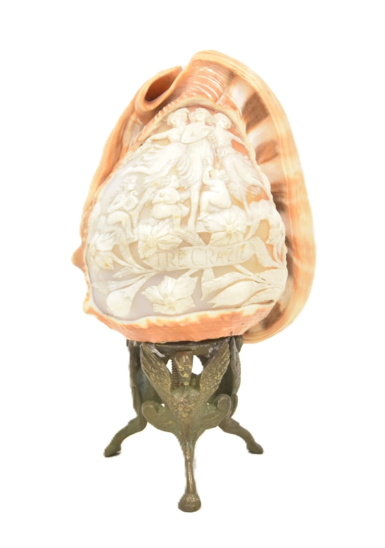 HAND CARVED CAMEO SHELL WITH BRONZE BASE (1 of 11)