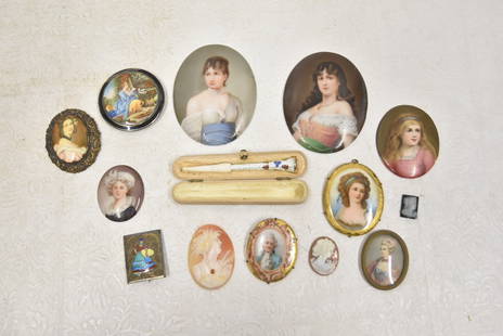 (14)pc ASSORTED PORCELAIN CAMEOS & MEDALLIONS: (8) HAND PAINTED PORCELAIN PORTRAIT MEDALLIONS ; MOSTLY OF WOMEN ; ONE MAN / (3) ANTIQUE SHELL CAMEO PORTRAITS / SILVER & ENAMEL COMPACT / ENAMEL PIN / STERLING SILVER & GUILLOCHE ENAMEL CIGARETTE HOL