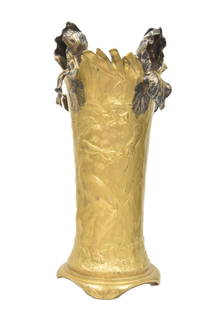 RAPHAEL PEYRE , ART NOUVEAU BRONZE VASE: RAPHAEL CHARLES PEYRE (FRENCH, 1872-1949) FRENCH ART NOUVEAU GILT & SILVER BRONZE JARDINIERE WITH RAISED LEAFY FOLIATE EDGES & RAISED RELIEF FEMALE NUDE NYMPHS , SIGNED R CH PEYRE - 10" x 10" x 19"