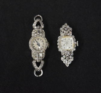 (2) ANTIQUE 14kt WHITE GOLD LADIES WATCHES: 14kt WHITE GOLD & BAGUETTE DIAMOND LADIES WATCH / 14kt WHITE GOLD BULOVA LADIES WATCH - 20grams GROSS ; 1/2" x 1 1/4" (NO BANDS)