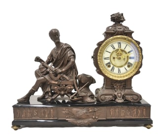 ANSONIA FIGURAL WHITE METAL STATUE CLOCK