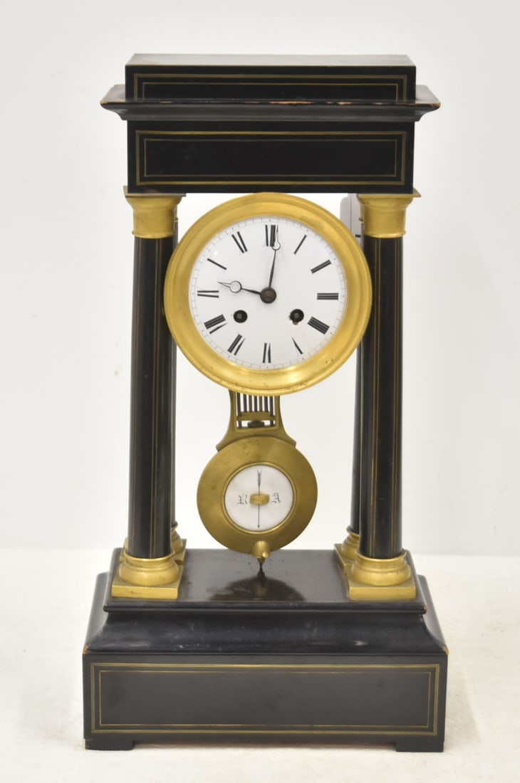 EBONISED EMPIRE PORTICO CLOCK: EBONIZED EMPIRE STYLE PORTICO CLOCK WITH BRASS INLAY - 10" x 5 1/2' x 18 1/2" (PENDULUM DOESNT FIT RIGHT)