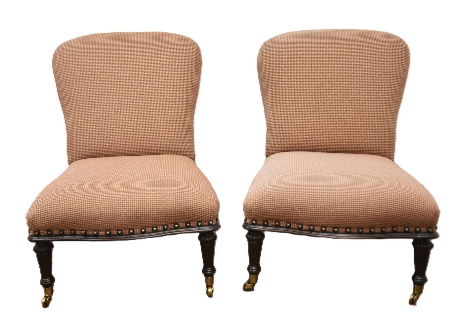 PAIR RALPH LAUREN SLIPPER CHAIRS: (Pr) RALPH LAUREN XWIDE DUKE HOST CHAIRS WITH EXPOSED NAIL HEADS - 23" x 24" x 34" SEAT HEIGHT 14" (ONE HAS SOME SUN FADING)