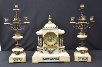 TIFFANY & Co. CHAMPLEVE BRONZE & ONYX CLOCK SET